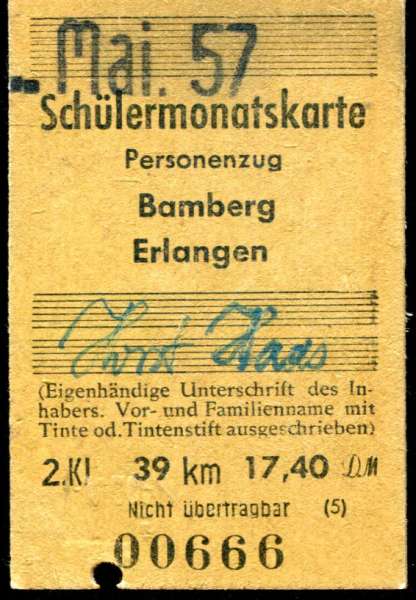 Schülermonatskarte Bamberg – Erlangen 1957