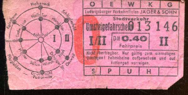 Fahrschein Ludwigsburger Verkehrslinien Jäger und Sohn 0,40 DM