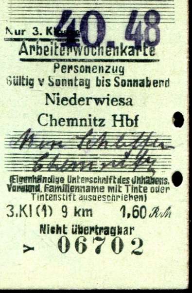 Arbeiterwochenkarte Niederwiesa – Chemnitz 1948