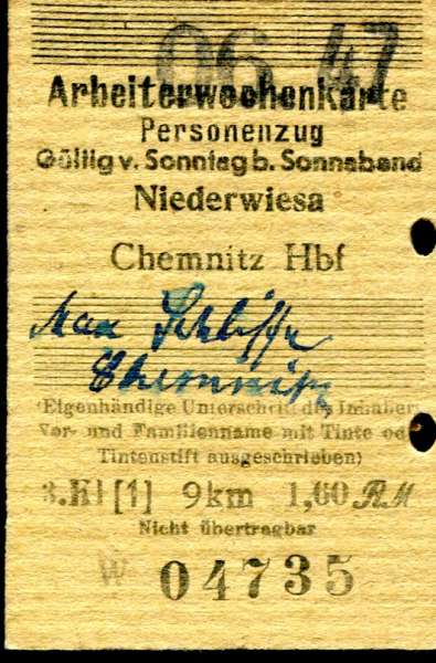 Arbeiterwochenkarte Niederwiesa – Chemnitz 1947