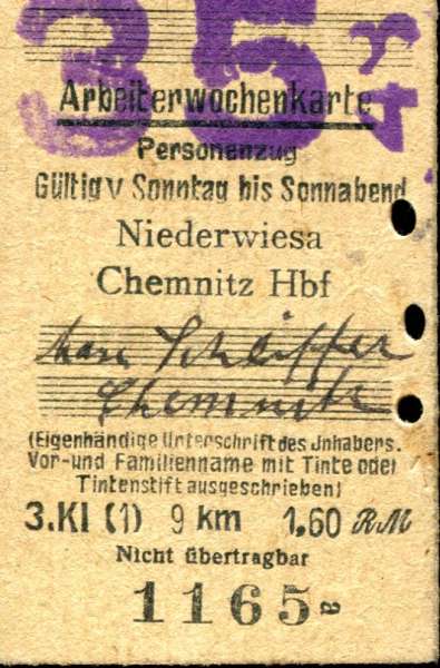 Arbeiterwochenkarte Niederwiesa – Chemnitz 1948
