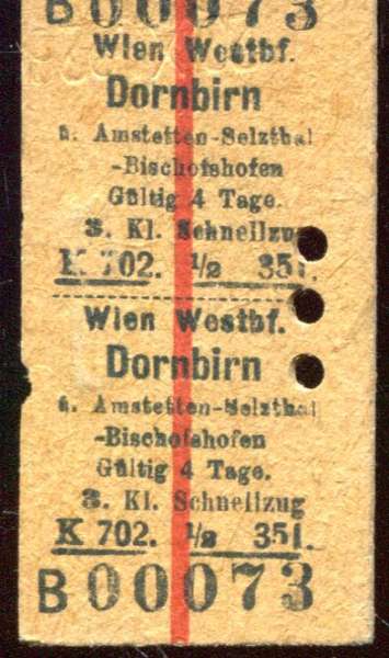 Fahrkarte Wien Westbf – Dornbirn 1939