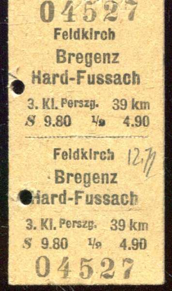 Fahrkarte Feldkirch – Bregenz / Hard-Fussach 1954