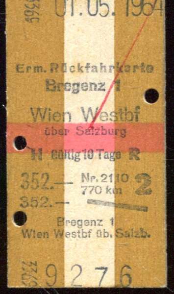Rückfahrkarte Bregenz – Wien Westbf 1964