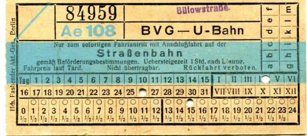 BVG Fahrschein U-Bahn Umsteigefahrschein zur Straßenbahn Bülowstraße