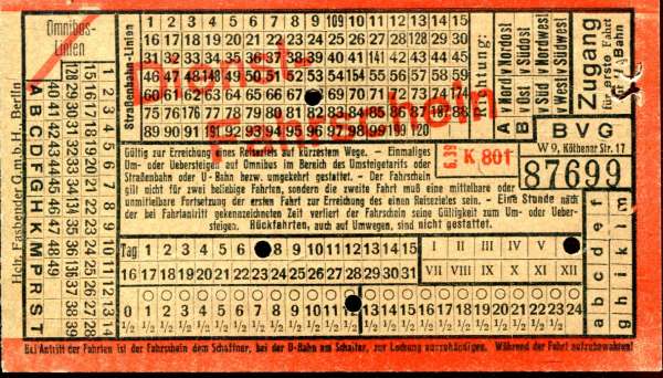 BVG Dienstfahrschein  Omnibus 6 / 39