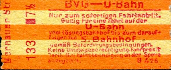 BVG Fahrschein U-Bahn Bernauer Straße bis zum 5. Bahnhof