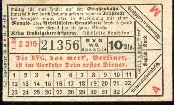 BVG Fahrschein Straßenbahn mit Monats Grundkarte 1/34