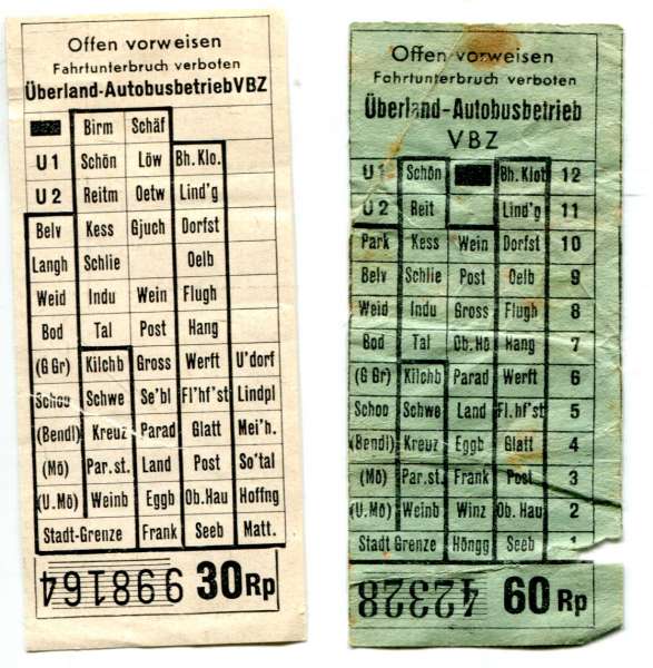 2 Fahrscheine Überland Autobusbetrieb VBZ