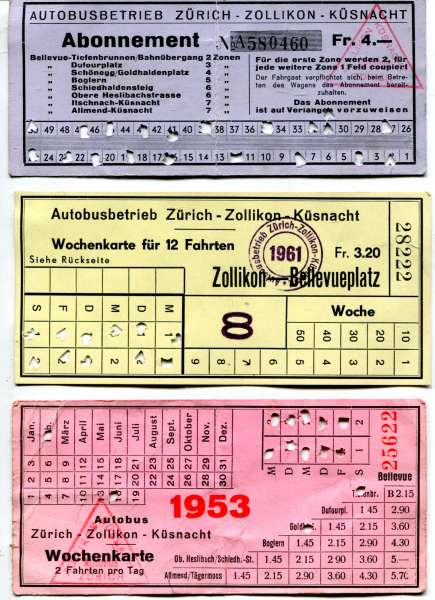 4 Fahrscheine Autobusbetrieb Zürich – Küssnacht