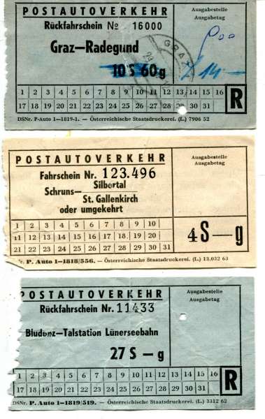 3 Fahrscheine Postautoverkehr Schrunz Bludenz Radegund