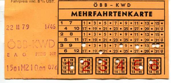 Fahrschein ÖBB KWD Mehrfartenkarte 1979