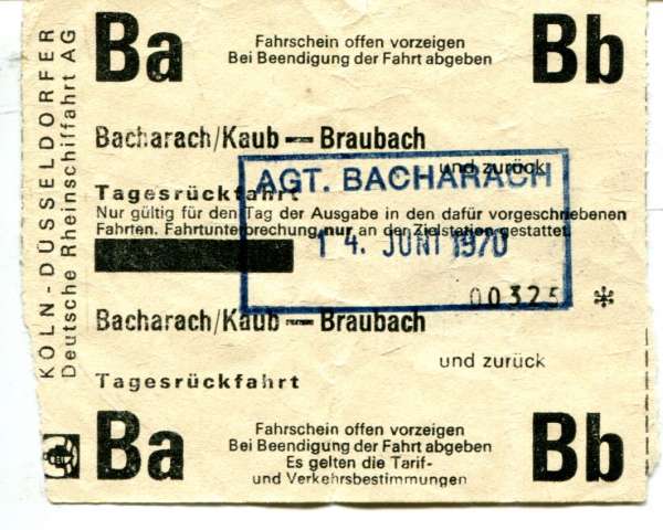 Fahrschein Köln – Düsseldorfer Rheinschiffahrt Bachcrach / Kaub – Braubach