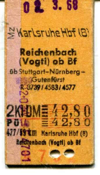 Fahrkarte Karlsruhe – Reichenbach Vogtl. ob. Bf