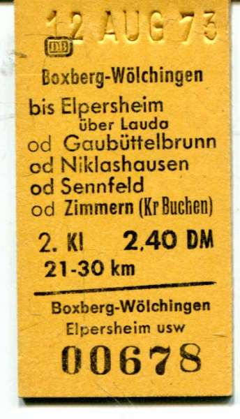 Fahrkarte Boxberg-Wölchingen – Gaubüttelbrunn / Sennfeld usw 2,40 DM 1973