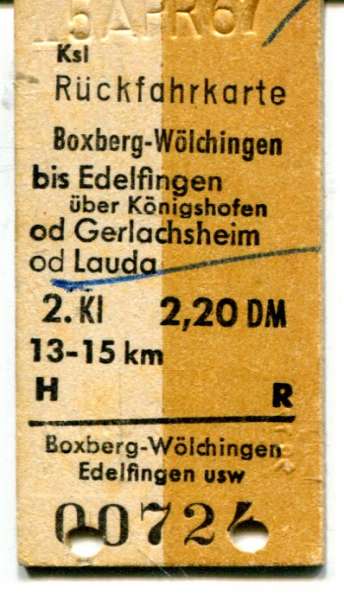 Rückfahrkarte Boxberg-Wölchingen – Edelfingen / Lauda 2,20 DM 1973