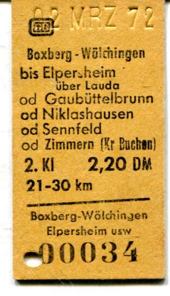 Rückfahrkarte Boxberg-Wölchingen – Sennfeld / Zimmern 1972
