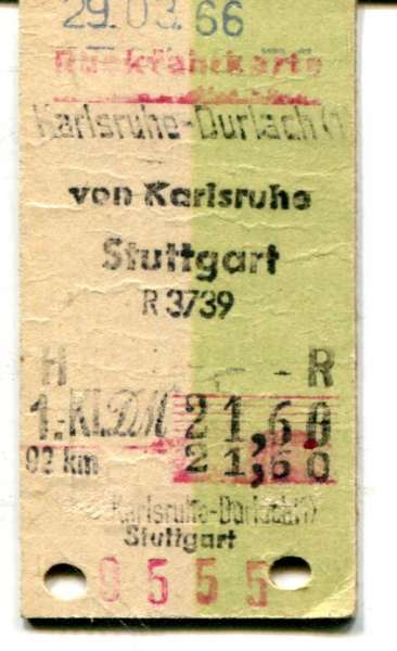 Rückfahrkarte 1. Klasse Karlsruhe Durlach – Stuttgart 1966