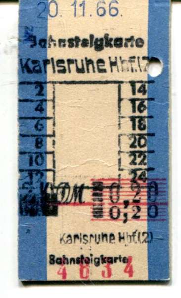 Bahnsteigkarte Karlsruhe HBF 1966