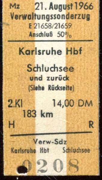 Fahrkarte Verwaltungssonderzug Karlsruhe – Schluchsee 1966