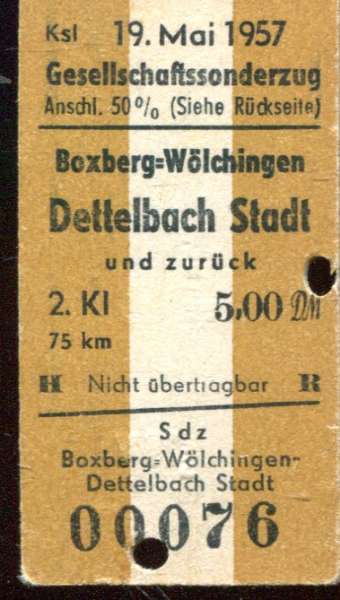 Fahrkarte Gesellschaftssonderzug Boxberg-Wölchingen – Dettelbach Stadt 1957