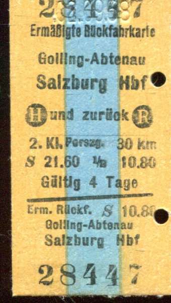Fahrkarte Gölling-Abtenau – Salzburg und zurück 1968