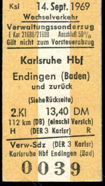 Fahrkarte Wechselverkehr Karlsruhe – Endingen 1969