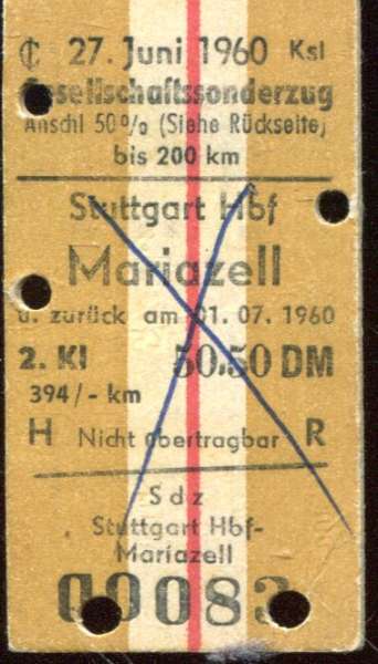 Fahrkarte Gesellschaftssonderzug Stuttgart – Mariazell 1960