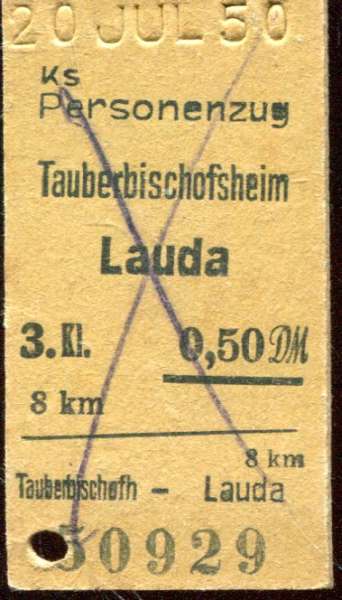 Fahrkarte Tauberbischofsheim – Lauda 1950