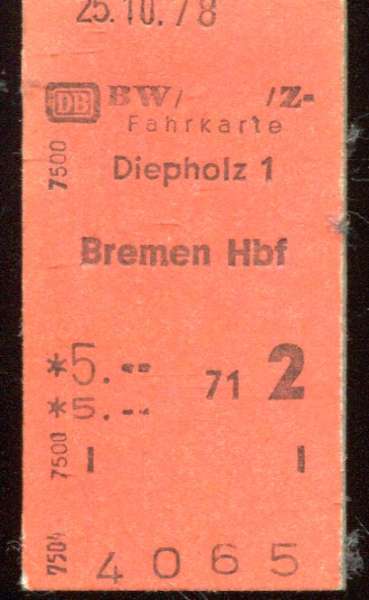 BW Fahrkarte Diepholz Bremen 1978