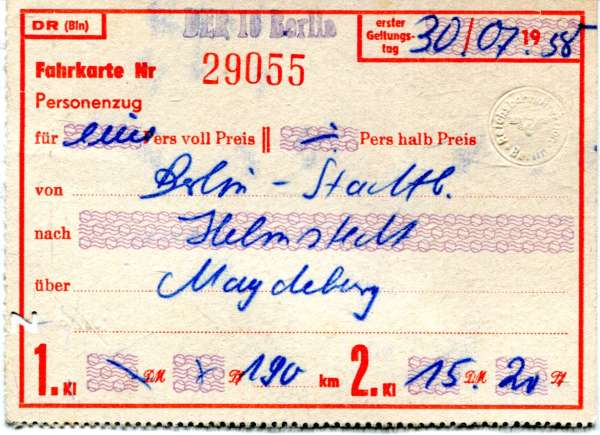 DR Fahrschein Rotdruck Berlin Stadtbahn – Helmstedt 1958