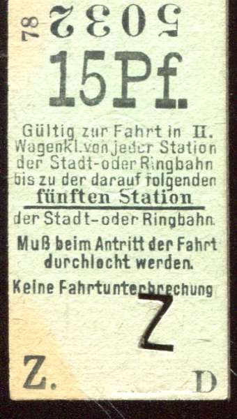 Fahrkarte Stadtbahn Berlin Bahnhof Zoo 15 Pfennig bis zur 5. Station