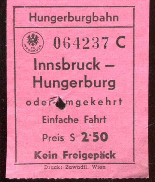 Fahrschein Hungerburgbahn Innsbruck S 2,50