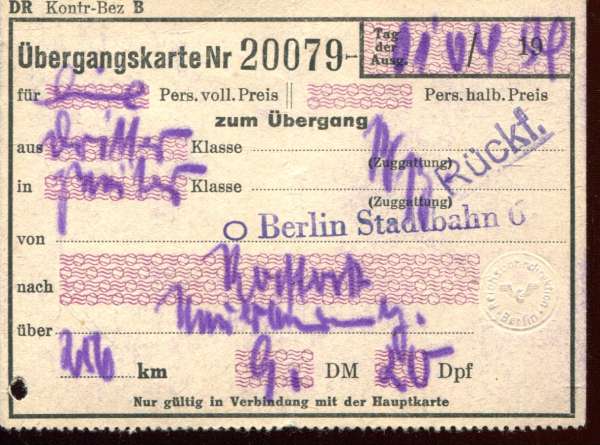 DR Übergangskarte von dritter in zweiter Klasse  Berlin Stadtbahn 1954