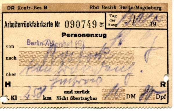 Arbeiterrückfahrkarte  Berlin Adlershof – Rostock 3. Klasse