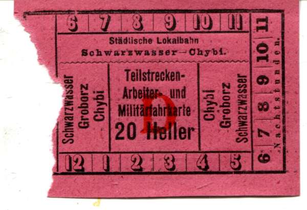 Fahrschein Städtische Lokalbahn Schwarzwasser – Chybi 20 Heller