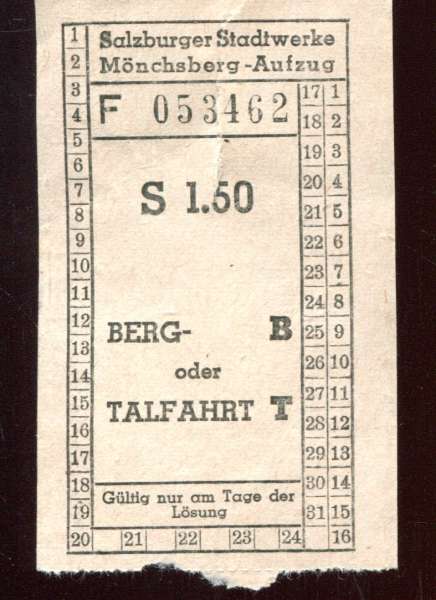 Fahrschein Salzburg  Mönchsberg Aufzug S 1,50