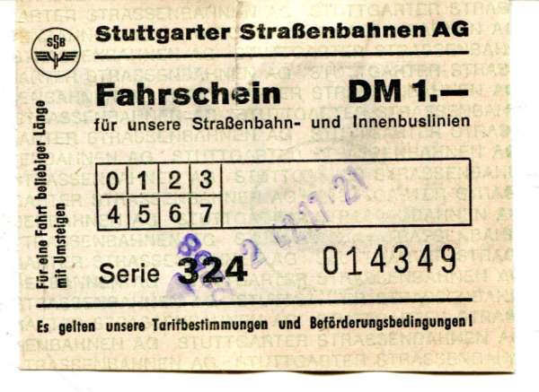 Fahrschein Straßenbahn Stuttgart 1 DM