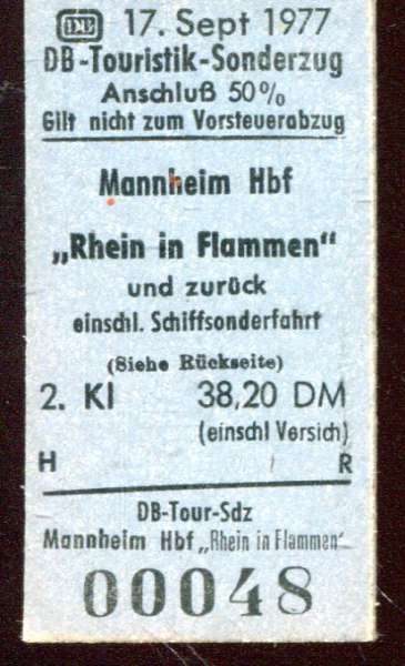 Fahrkarte DB Touristik Sonderzug Rhein in Flammen 1977