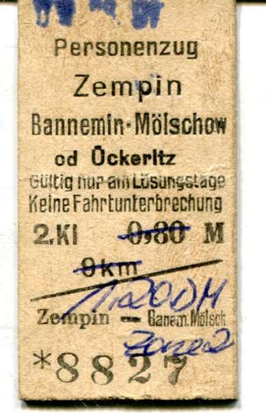 Fahrkarte Zempin – Bannemin-Mölschow od Ückeritz 1991