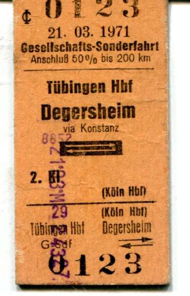 Fahrkarte Gesellschafts Sonderfahrt Tübingen – Degersheim 1971