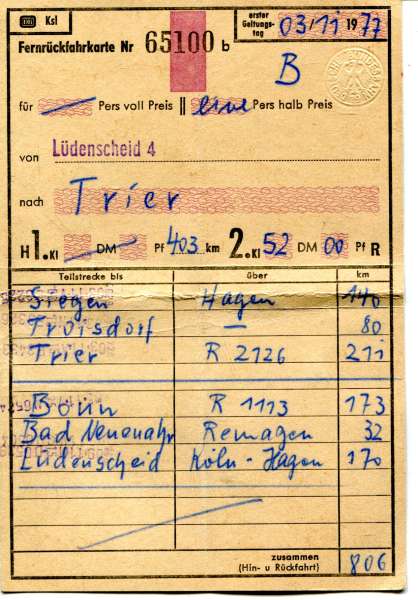 Fernrückfahrkarte Lüdenscheid – Trier 1977