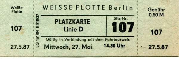 Fahrschein Weisse Flotte Berlin Linie D Platzkarte 1987