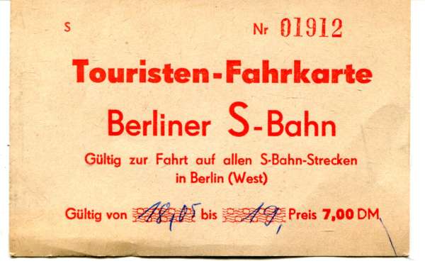 Touristen Fahrkarte S-Bahn Berlin West 7 DM
