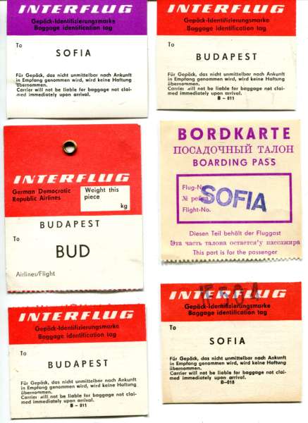 6 Gepäckmarken, Bordkarte Interflug DDR Sofia Budapest