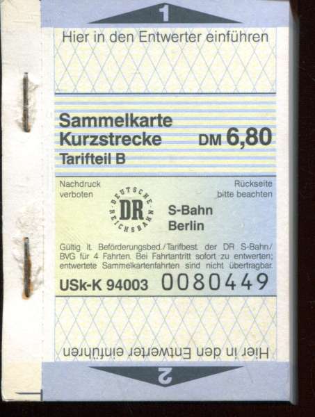 1 Block mit 50 Fahrscheinen BVG Berlin Kurzstrecke Tarifteil B 6,80 DM