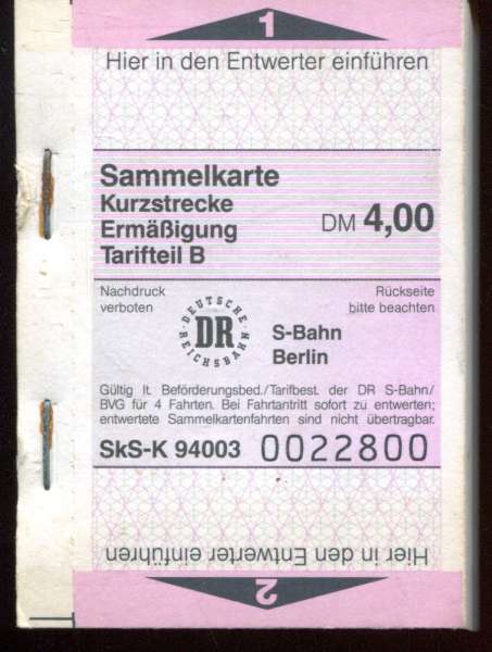 1 Block mit 50 Fahrscheinen BVG Berlin Kurzstrecke Ermäßigung Tarifteil B 4,00 DM