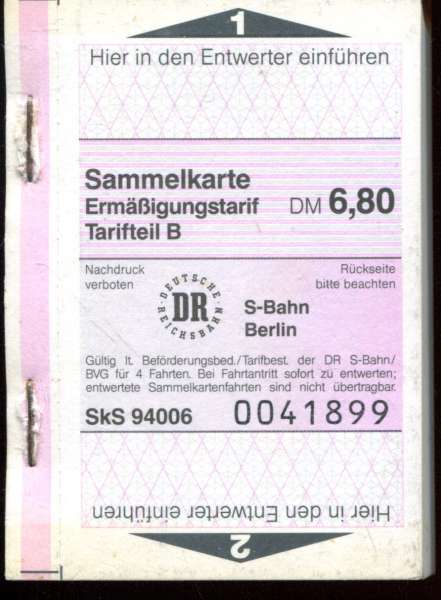 1 Block mit 50 Fahrscheinen BVG Berlin Ermäßigung Tarifteil B 6,80 DM