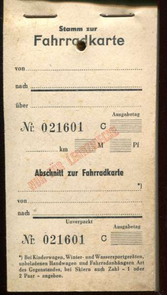 1 Block mit 25 Fahrradkarten Reichsbahn nur für Lehrzwecke