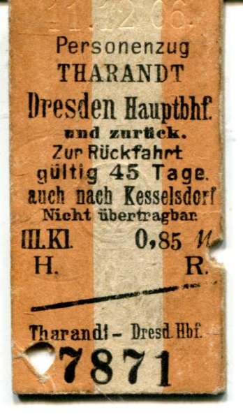 Fahrkarte Tharandt – Dresden und Zurück 1906